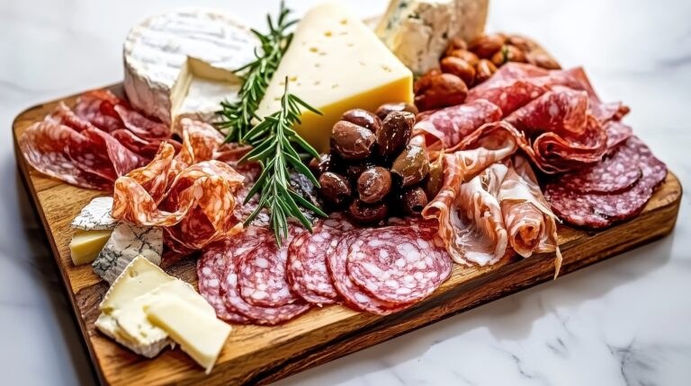 sausage and cheese slices on a cutting board Selective focus