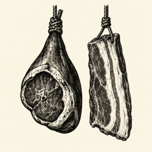Vintage illustration of a whole ham and a slab of bacon hanging from twine.