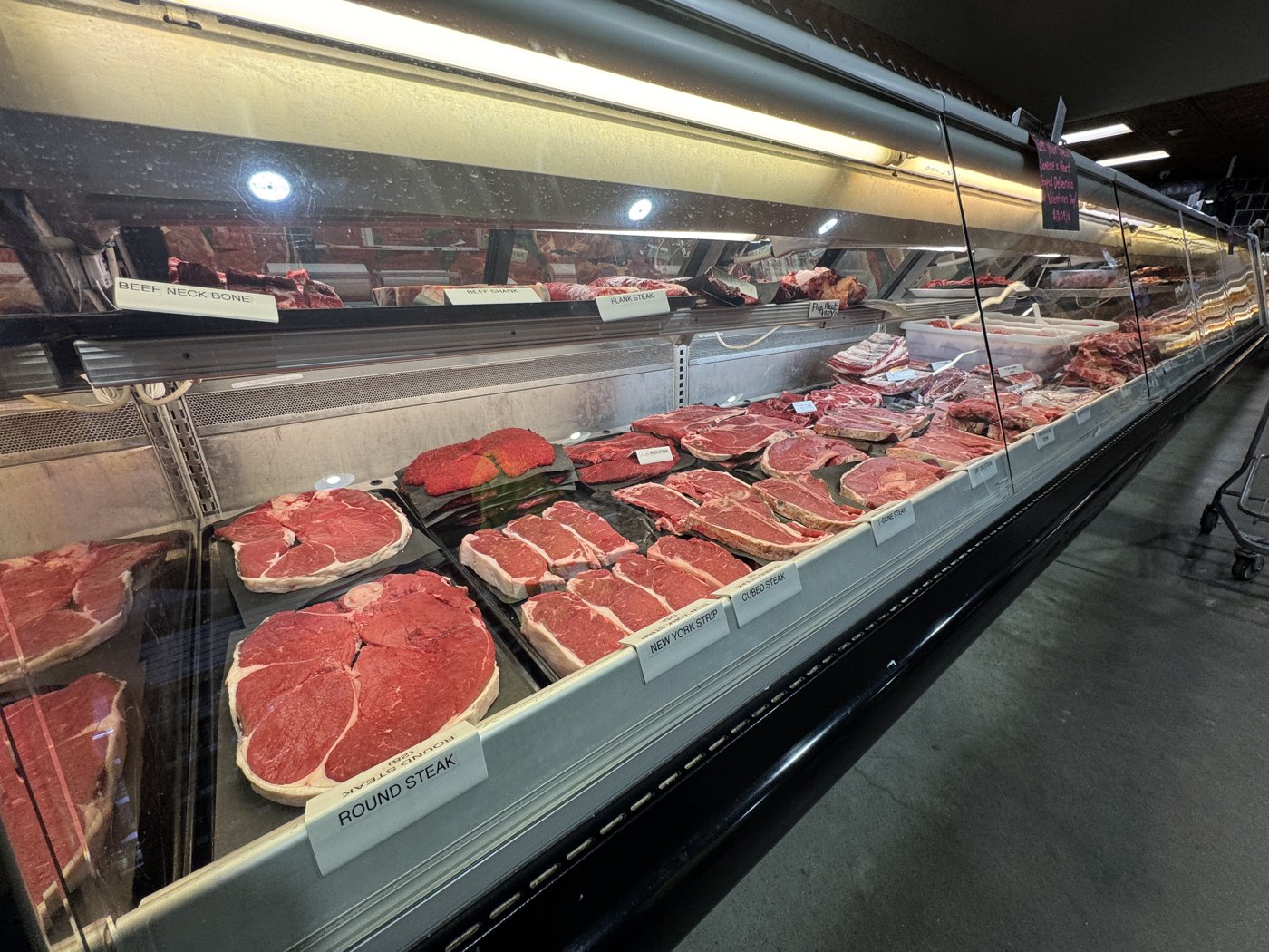 Fresh beef cuts in the display case.
