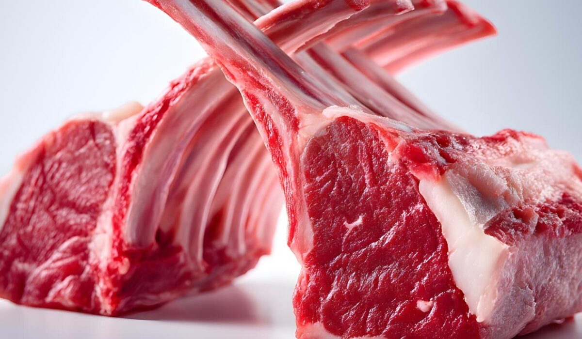 Raw rack of lamb pieces standing on white surface